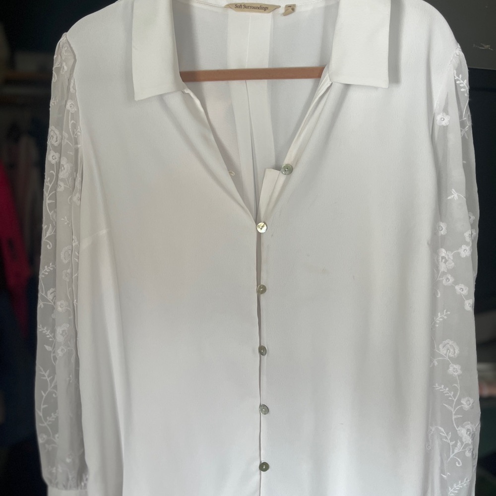 Women's White Button-Up Blouse with Sheer Embroidered Sleeves